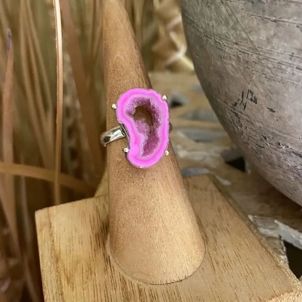 Fleece Pink Geode Sterling Silver Ring Size 6.5